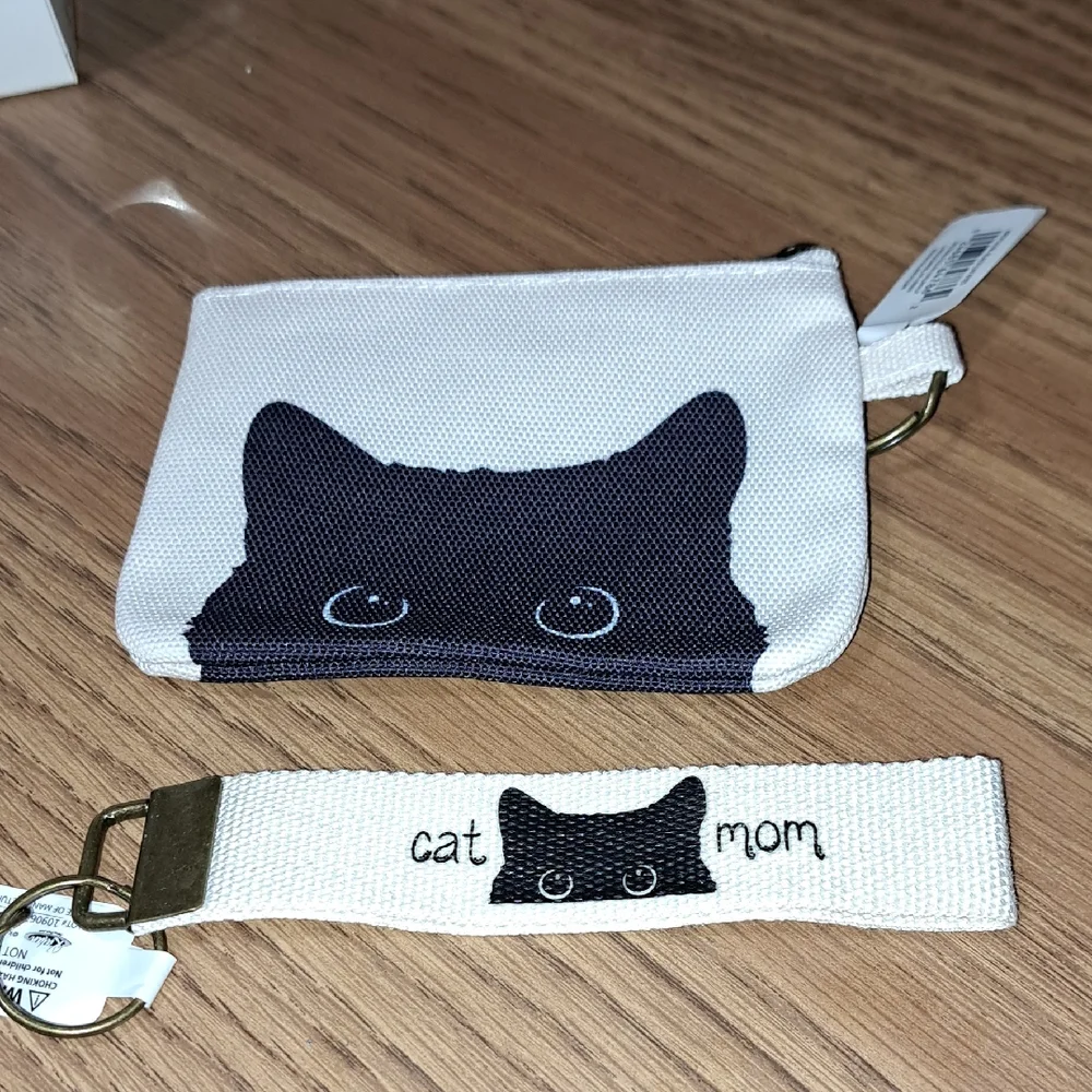 Cat Mom Black and White Coin Purse and Keychain Set